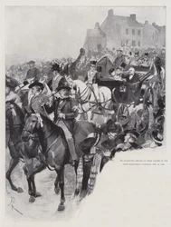Mr Gladstone die naar West Calder rijdt tijdens zijn Eerste Midlothian Campagne, 27 november 1879